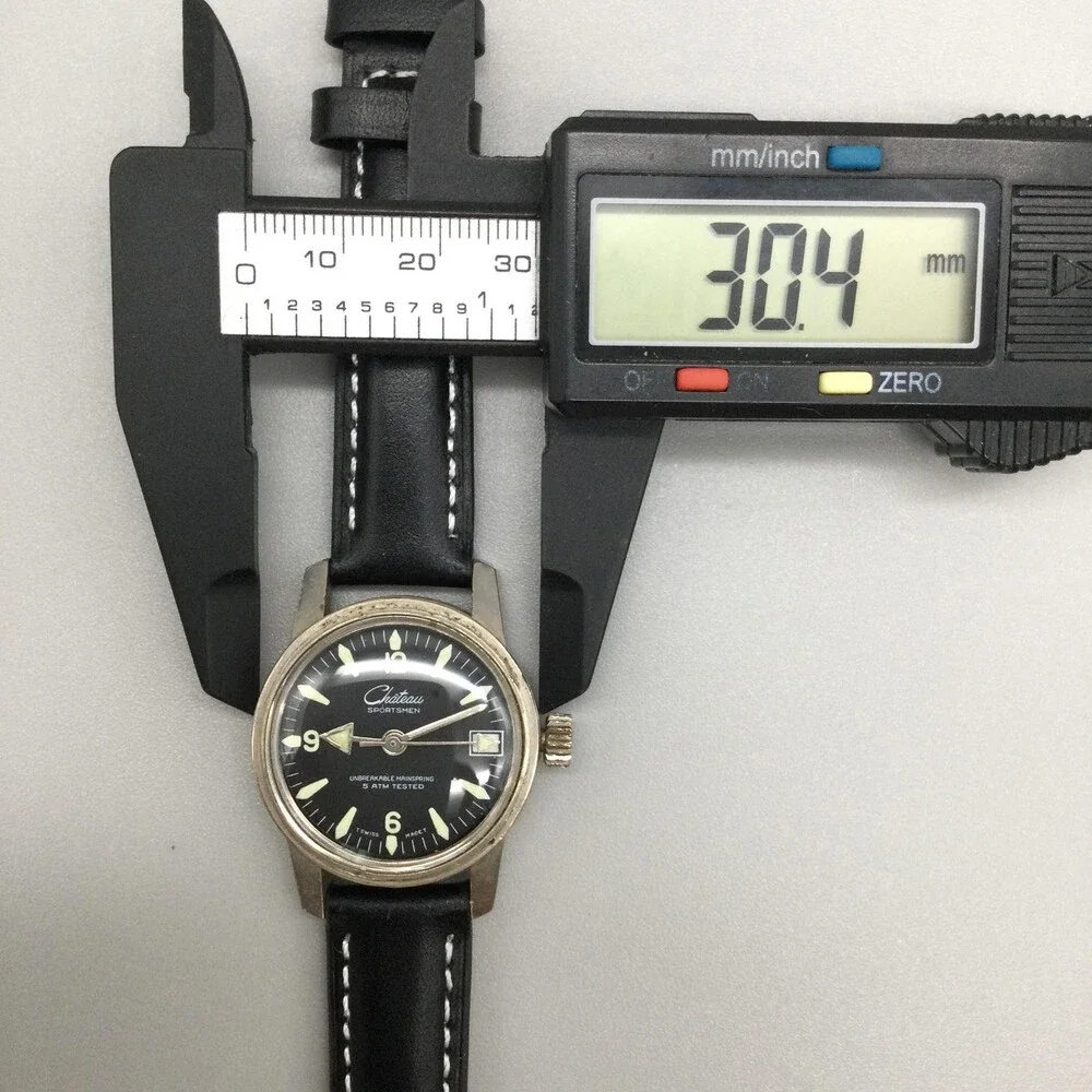 Vintage Chateau Sportsman Mens Watch 30mm Black Dial Manual Date Swiss Leather